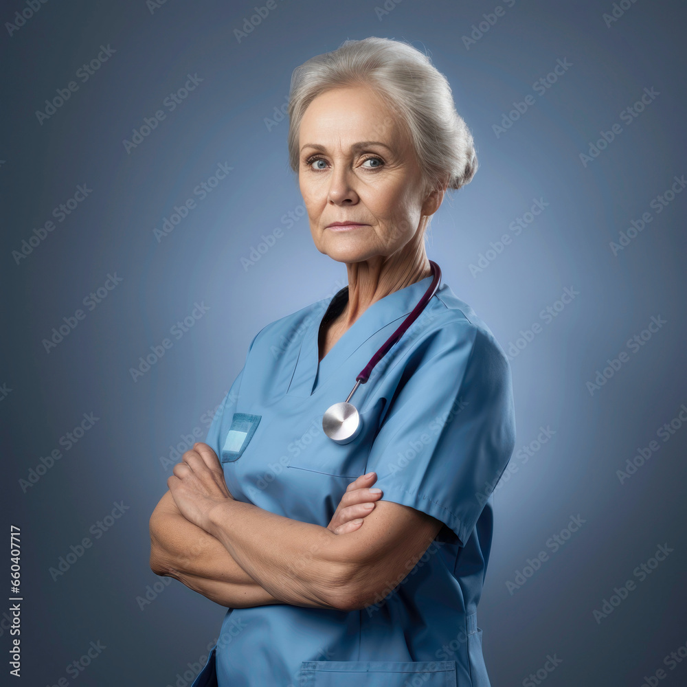 Bored senior nurse in work outfit posing in studio. Generative Ai Bored senior nurse in work outfit posing in studio. Generative Ai