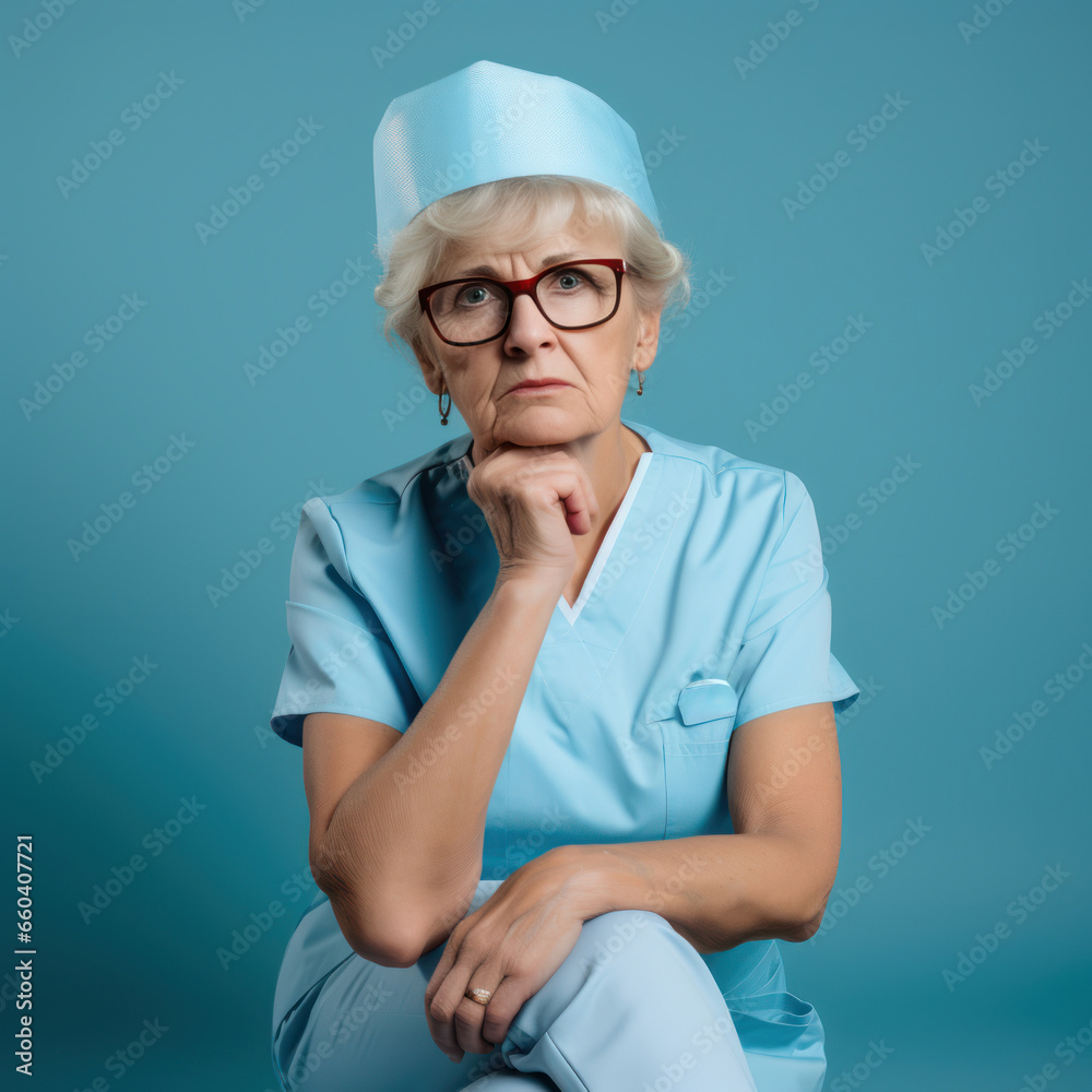 Bored senior nurse in work outfit posing in studio. Generative Ai Bored senior nurse in work outfit posing in studio. Generative Ai