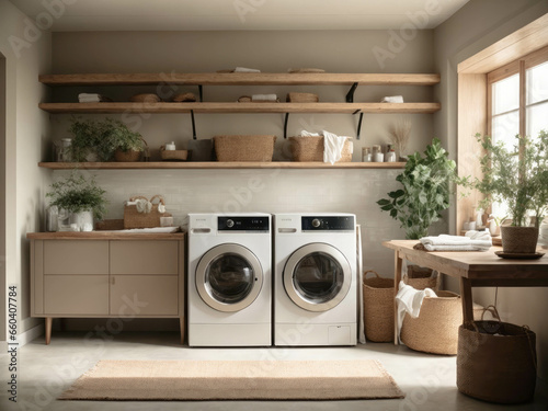 interior of a laundry room with minimalistic appliances and traditional architectural details  muted colors  natural materials