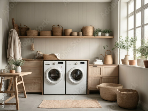 interior of a laundry room with minimalistic appliances and traditional architectural details, muted colors, natural materials
