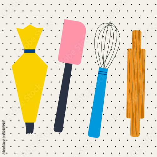 Dessert ingredients and utensils on polka dot background. Top view. Set of kitchen tools. Pastry bag, icing. Spatula. Whisk. Rolling pin. Abstract cooking and baking elements. Flat vector illustration