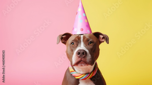 A pitbull puppy wears a party hat, necklace, and bowtie, isolated on a pastel background, perfect for advertising with text space. Great for party invites © ImageHeaven