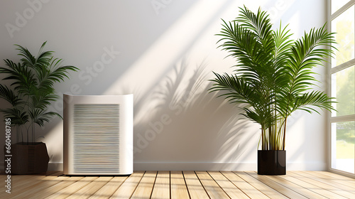 White modern design air purifier, dehumidifier in beige brown wall bedroom, gray cover sheet bed, tropical palm tree in sunlight on wood parquet floor for healthcare, health technology background 3D photo