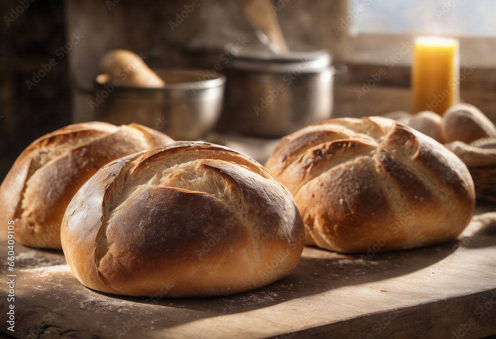 A close-up view of delicious, freshly baked round buns on a rustic kitchen table