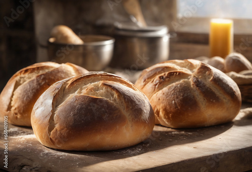 A close-up view of delicious, freshly baked round buns on a rustic kitchen table
