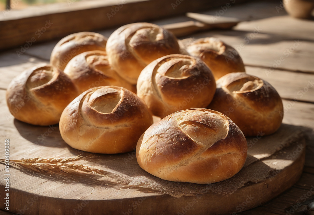 A close-up view of delicious, freshly baked round buns on a rustic kitchen table A close-up view of delicious, freshly baked round buns on a rustic kitchen table
