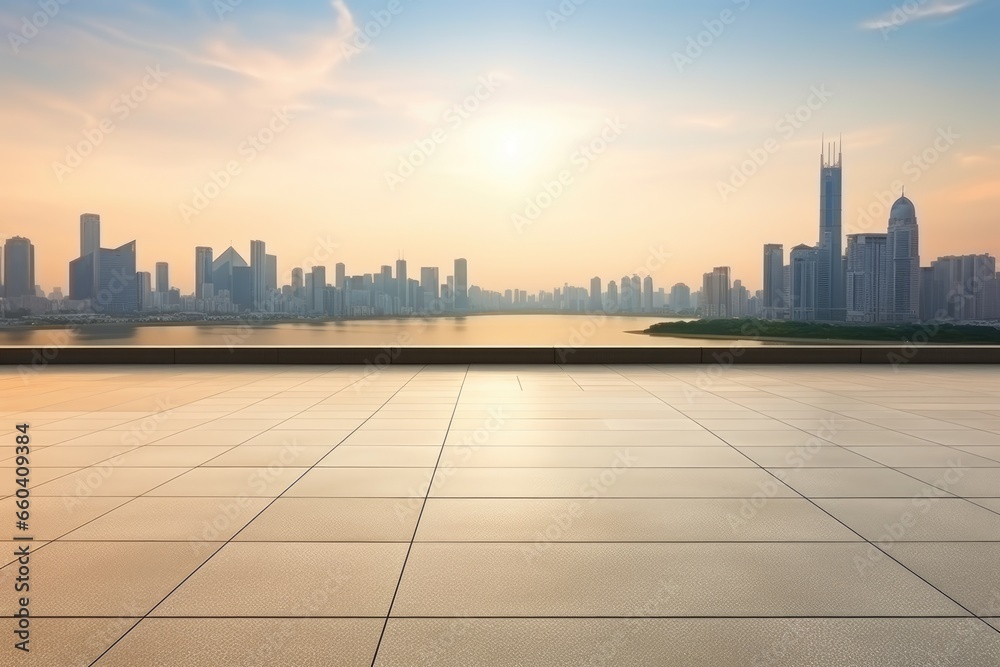 Empty floor and modern city skyline on background