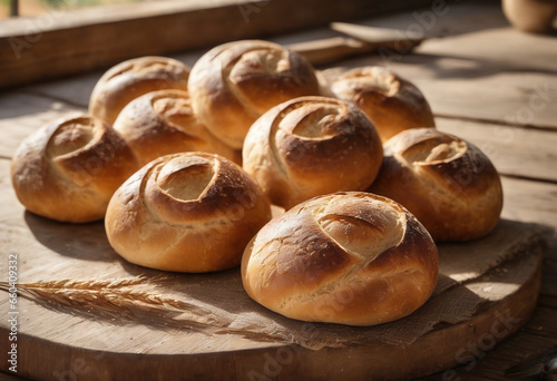 A close-up view of delicious, freshly baked round buns on a rustic kitchen table