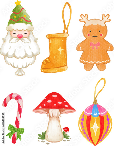 Fototapeta Naklejka Na Ścianę i Meble -  Watercolor cute set with Christmas elements isolated on white background.watercolor holiday design vector illustration.