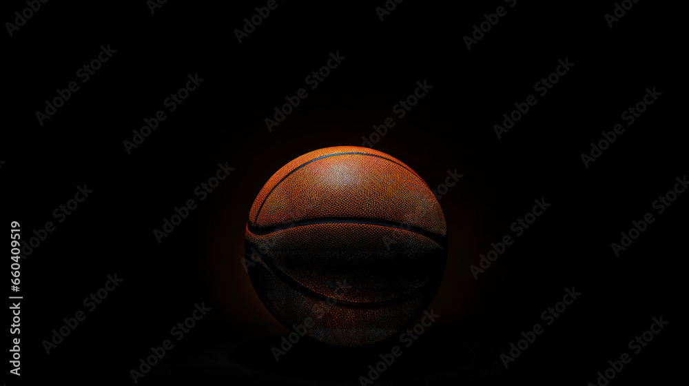 An artistic and minimalistic image featuring a dark basketball set against a solid black background, creating a sense of stark contrast and simplicity.