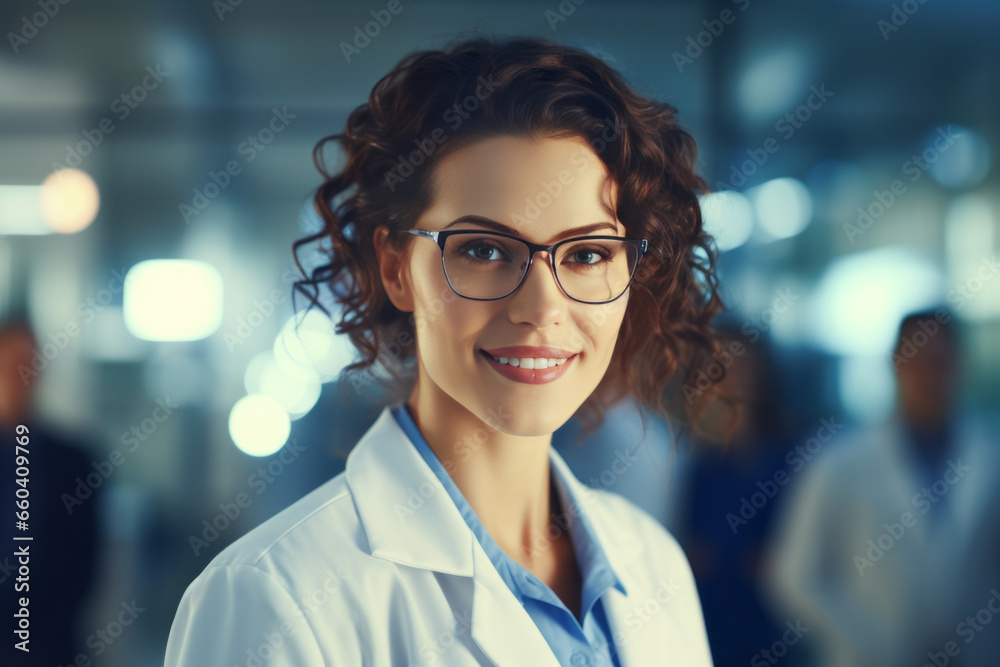 Half body view of beautiful female scientist standing in white coat and glasses in modern medical science laboratory with team of experts in the background. Half body view of beautiful female scientist standing in white coat and glasses in modern medical science laboratory with team of experts in the background.