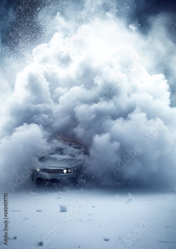 Drifting fast sports car on snowy wet road with skid, car accident, fire. Generative Ai.