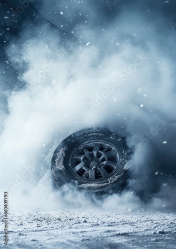 Drifting fast sports car on snowy wet road with skid, car accident, fire. Generative Ai.