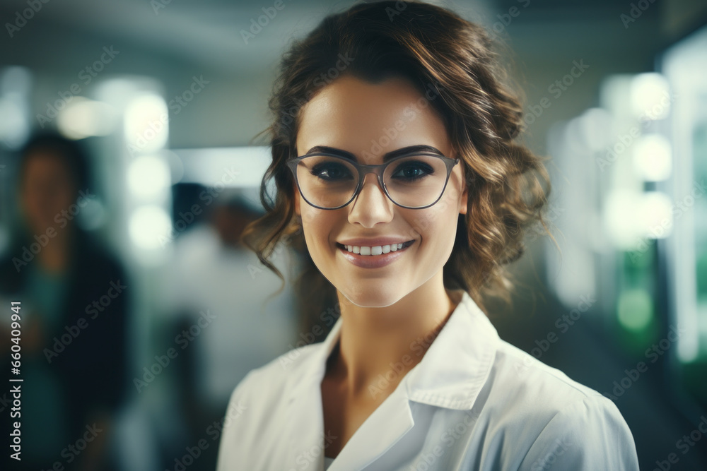 Half body view of beautiful female scientist standing in white coat and glasses in modern medical science laboratory with team of experts in the background. Half body view of beautiful female scientist standing in white coat and glasses in modern medical science laboratory with team of experts in the background.