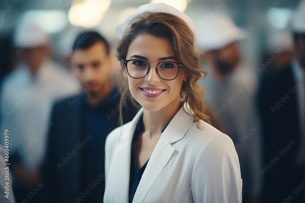 Half body view of beautiful female scientist standing in white coat and glasses in modern medical science laboratory with team of experts in the background. Half body view of beautiful female scientist standing in white coat and glasses in modern medical science laboratory with team of experts in the background.