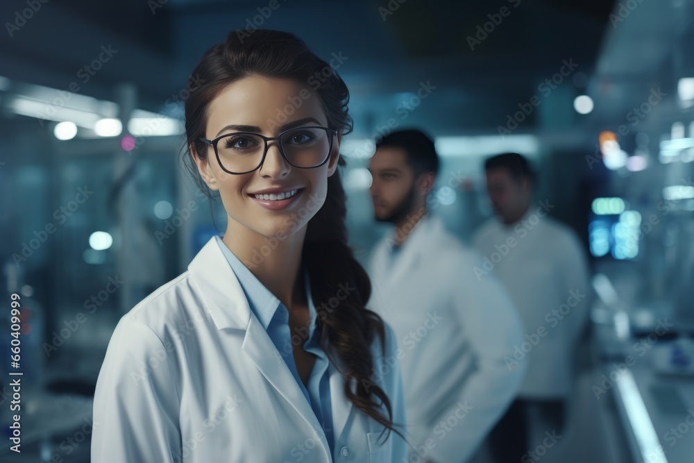 Half body view of beautiful female scientist standing in white coat and glasses in modern medical science laboratory with team of experts in the background. Half body view of beautiful female scientist standing in white coat and glasses in modern medical science laboratory with team of experts in the background.