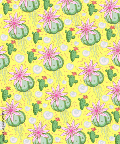 Seamless pattern with cactus. Miniature succulent plants background. Top view succulent cactus  gardening  horticulture theme. Colorful fresh succulents with cacti.  