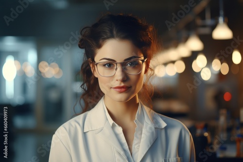 Half body view of beautiful female scientist standing in white coat and glasses in modern medical science laboratory with team of experts in the background. © ND STOCK