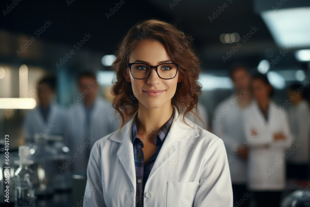 Fototapeta premium Half body view of beautiful female scientist standing in white coat and glasses in modern medical science laboratory with team of experts in the background.