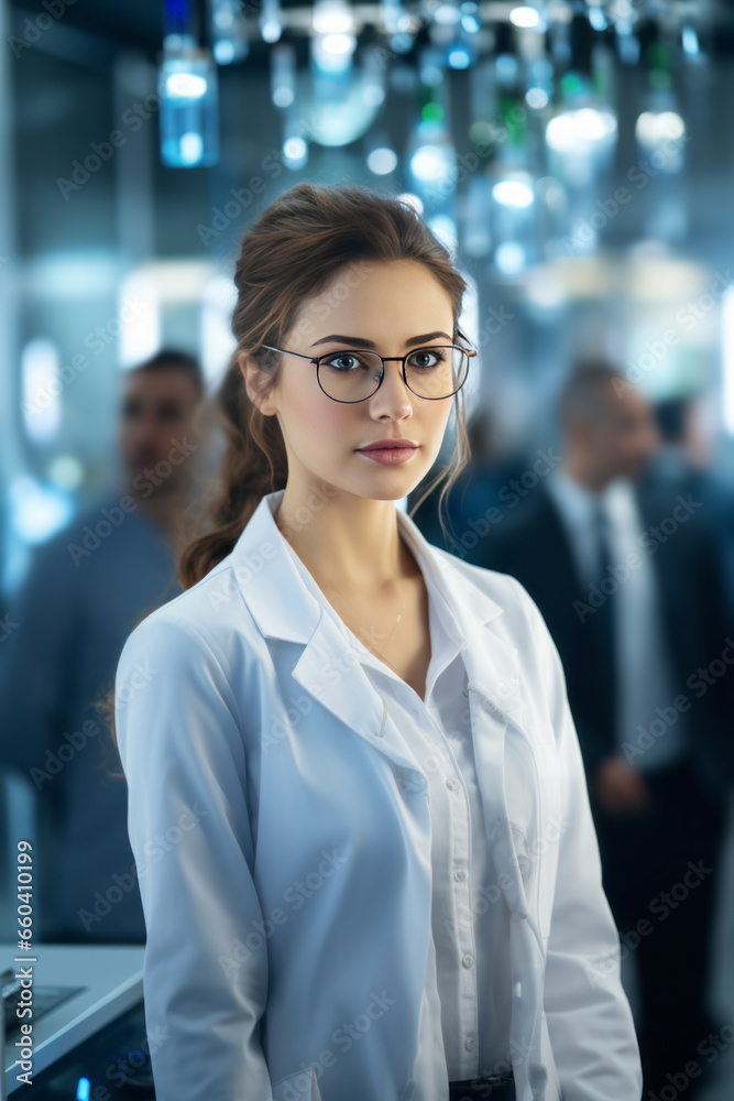 Half body view of beautiful female scientist standing in white coat and glasses in modern medical science laboratory with team of experts in the background. Half body view of beautiful female scientist standing in white coat and glasses in modern medical science laboratory with team of experts in the background.