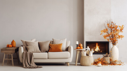 Vase with dried flowers and spikelets, pumpkins and candles. Autumn interior of a country chalet for Thanksgiving.