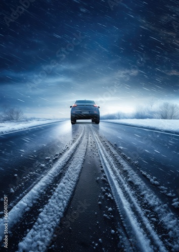 Winter snowy car tires in the snowing winter season on wet road. Generative Ai.