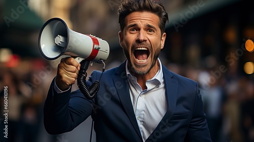 A businessman holding a megaphone outside in a city