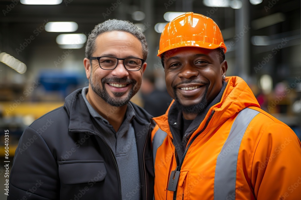 African American engineer smiling at a factory worker African American engineer smiling at a factory worker