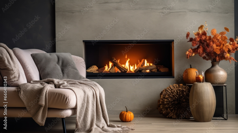 Fototapeta premium Vase with dried flowers and spikelets, pumpkins and candles. Autumn interior of a country chalet for Thanksgiving.
