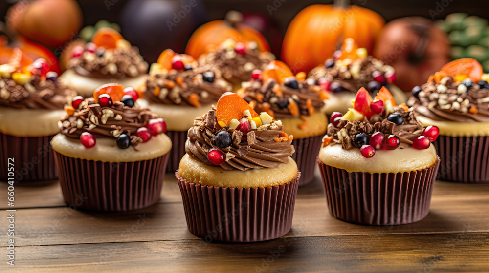 Traditional sponge cupcakes decorated with chocolate cream for autumn holidays on the rustic wooden table