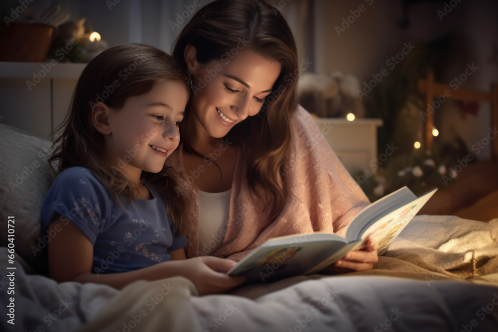 mother reads a story to her child on the bed - obrazy, fototapety, plakaty 