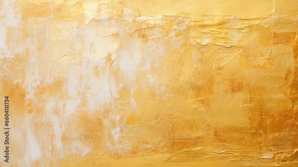 An up-close view of an abstract gold art painting, highlighting oil brushstrokes and palette knife techniques on canvas.