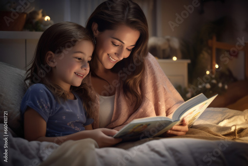 mother reads a story to her child on the bed