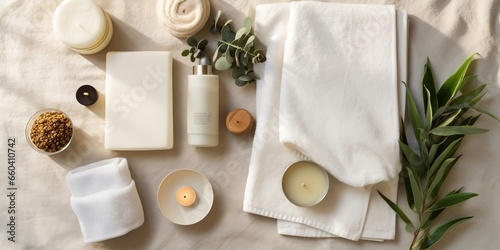 flat lay of a serene spa ambiance, featuring a neatly folded towel, therapeutic herbal pouches, and the gentle glow of candles, evoking a sense of peaceful relaxation and wellness through a top-down