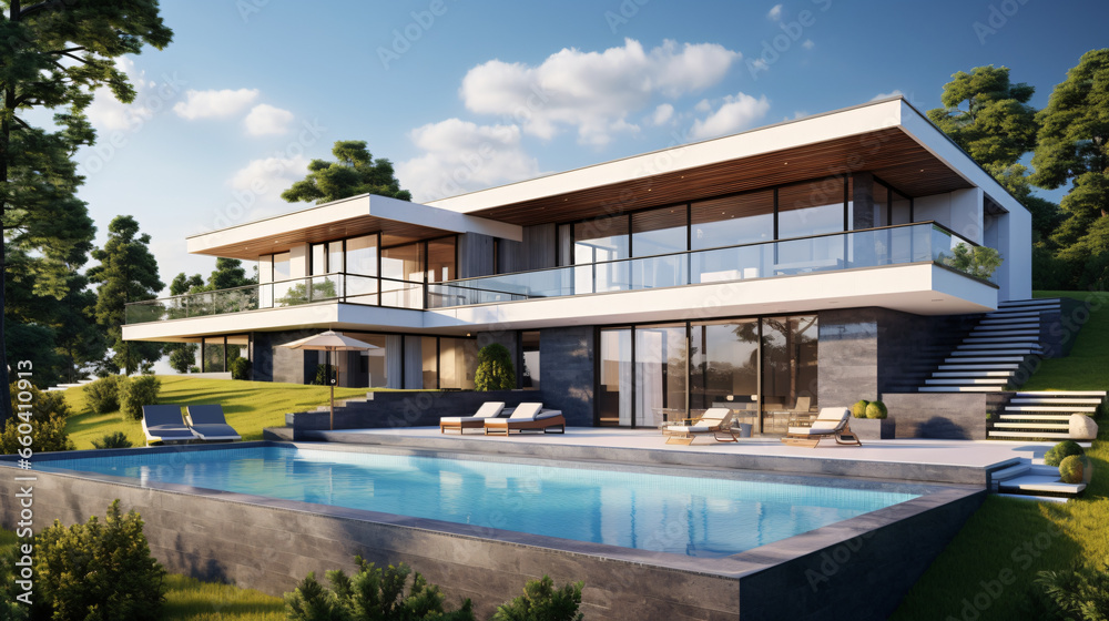 Perspective of modern luxury house with terrace