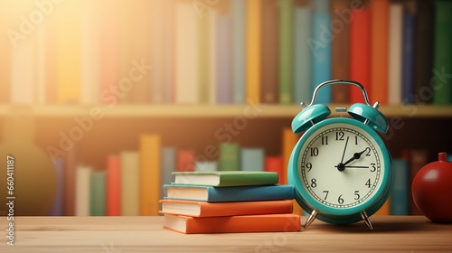 Ready for school concept background with books, alarm clock and accessory 3D Rendering, 3D Illustration