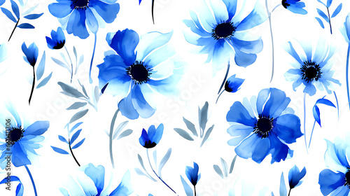seamless blue floral water color pattern on white background