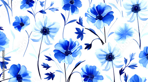 seamless blue floral water color pattern on white background © DesignBee