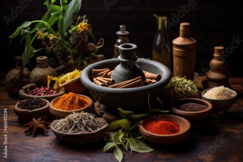 spices and herbs from above. Ayurveda ingredients natural remedies.