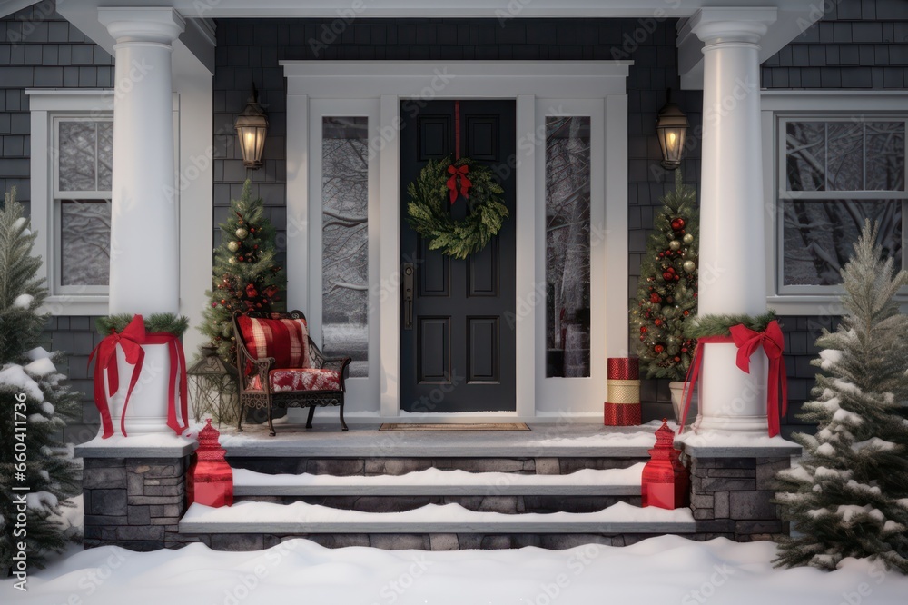 Fototapeta premium Classic christmas decorations on the door and front porch of suburban house with snow