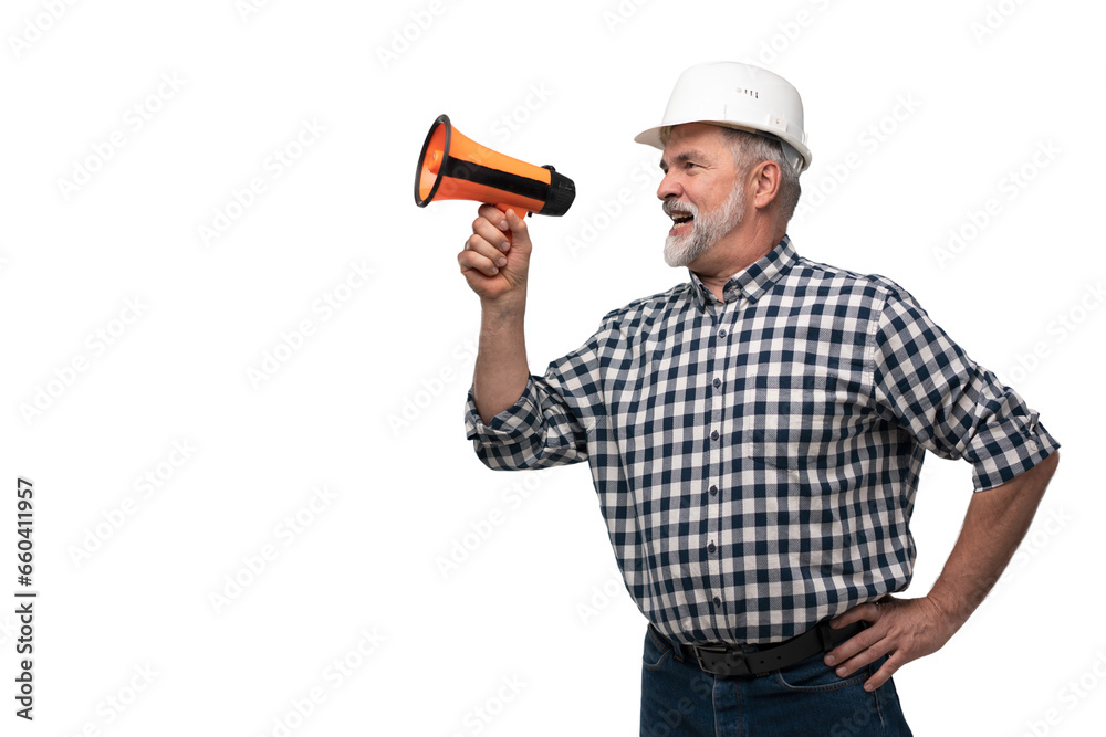 Builder shouts into megaphone. Mature man builder is holding megaphone. Blank for your building advertising. Copy space on transparent. Message from construction company concept Builder shouts into megaphone. Mature man builder is holding megaphone. Blank for your building advertising. Copy space on transparent. Message from construction company concept