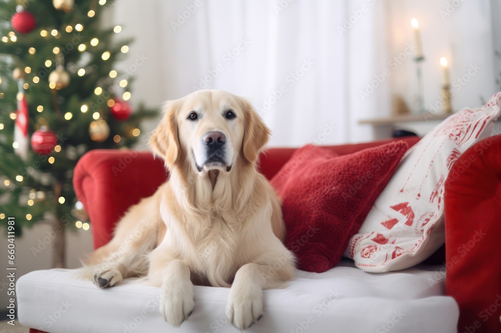 golden retriever on a couch with Christmas decorations at home