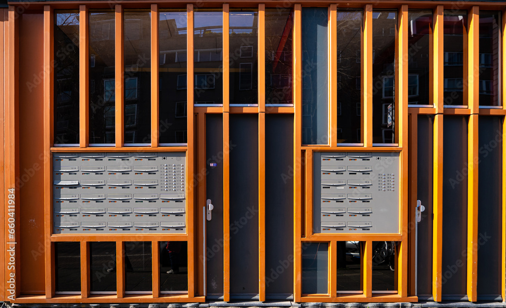 Amsterdam, The Netherlands - March 2022: Many letterboxes, mailboxes in Amsterdam where almost every letterbox has a no no sticker on it Amsterdam, The Netherlands - March 2022: Many letterboxes, mailboxes in Amsterdam where almost every letterbox has a no no sticker on it