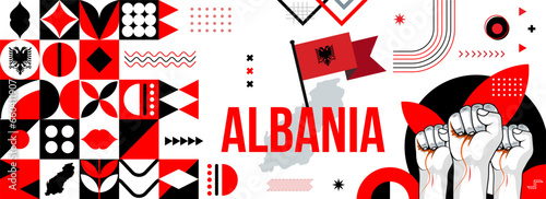 Map and flag of Albania national or independance day banner with raised hands or fists., flag colors theme background and geometric abstract retro modern colorfull design