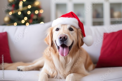 golden retriever dog in santa hat with christmas tree smiling tongue out