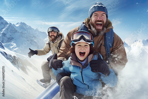 Gay couple and their adopted son skiing and snowboarding on a snowy slope