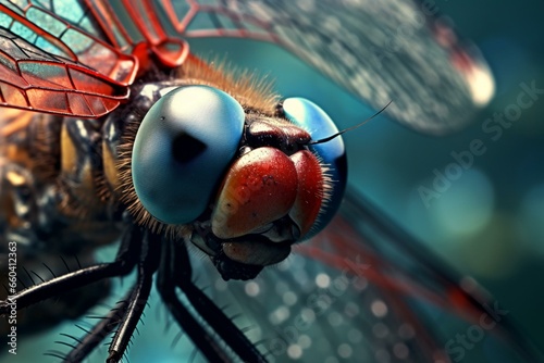 Detailed close-up image of a dragonfly showcasing its intricate beauty. Generative AI © Ella