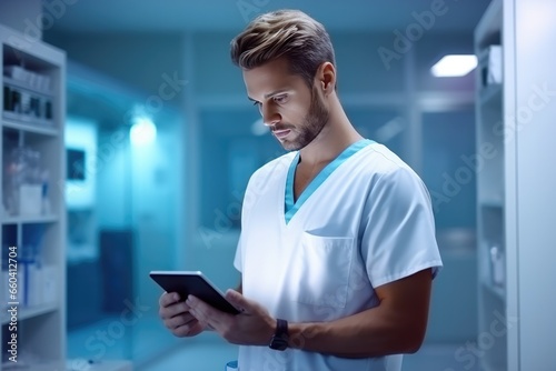 Wallpaper Mural Portrait of handsome men doctor working in modern hospital, banner panorama. Generative Ai. Torontodigital.ca