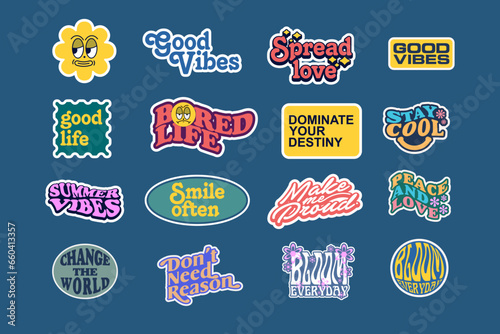 Sticker set Cute vector template decorated with cartoon image and aesthetic quotes graphic design