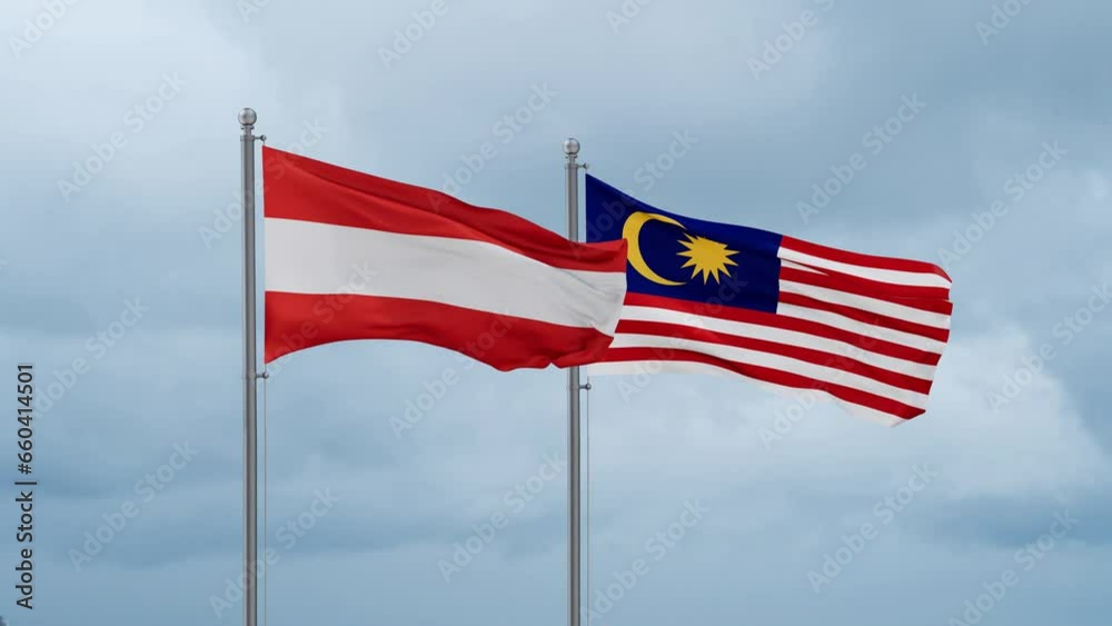 Malaysia and Austria flag waving together on cloudy sky, endless seamless loop, two country cooperation concept Malaysia and Austria flag waving together on cloudy sky, endless seamless loop, two country cooperation concept
